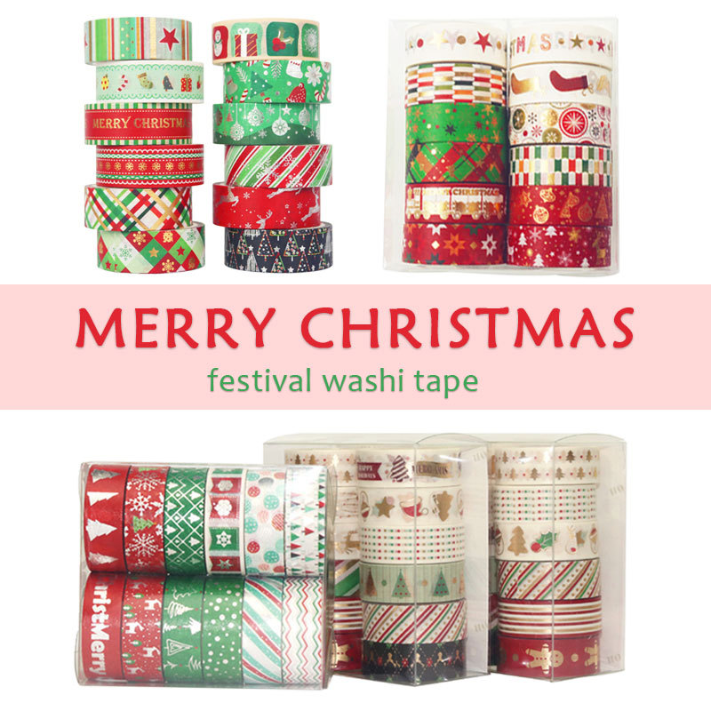 Washi Tape Set - 60เมตรคริสต์มาส Washi เทปชุด12ชิ้น/ล็อตตกแต่งสีแดงสีเขียวดาวทองและ Silver Foil Masking